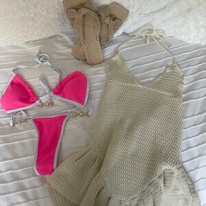 Pink bathing suit, cover up, and sandal set